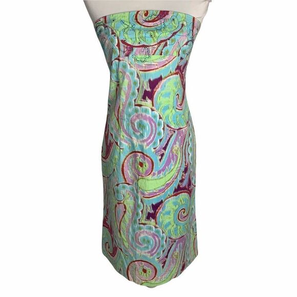 Ruth Strapless Embellished Midi Dress 8 Blue Paisley Stretch A Line - Picture 1 of 6